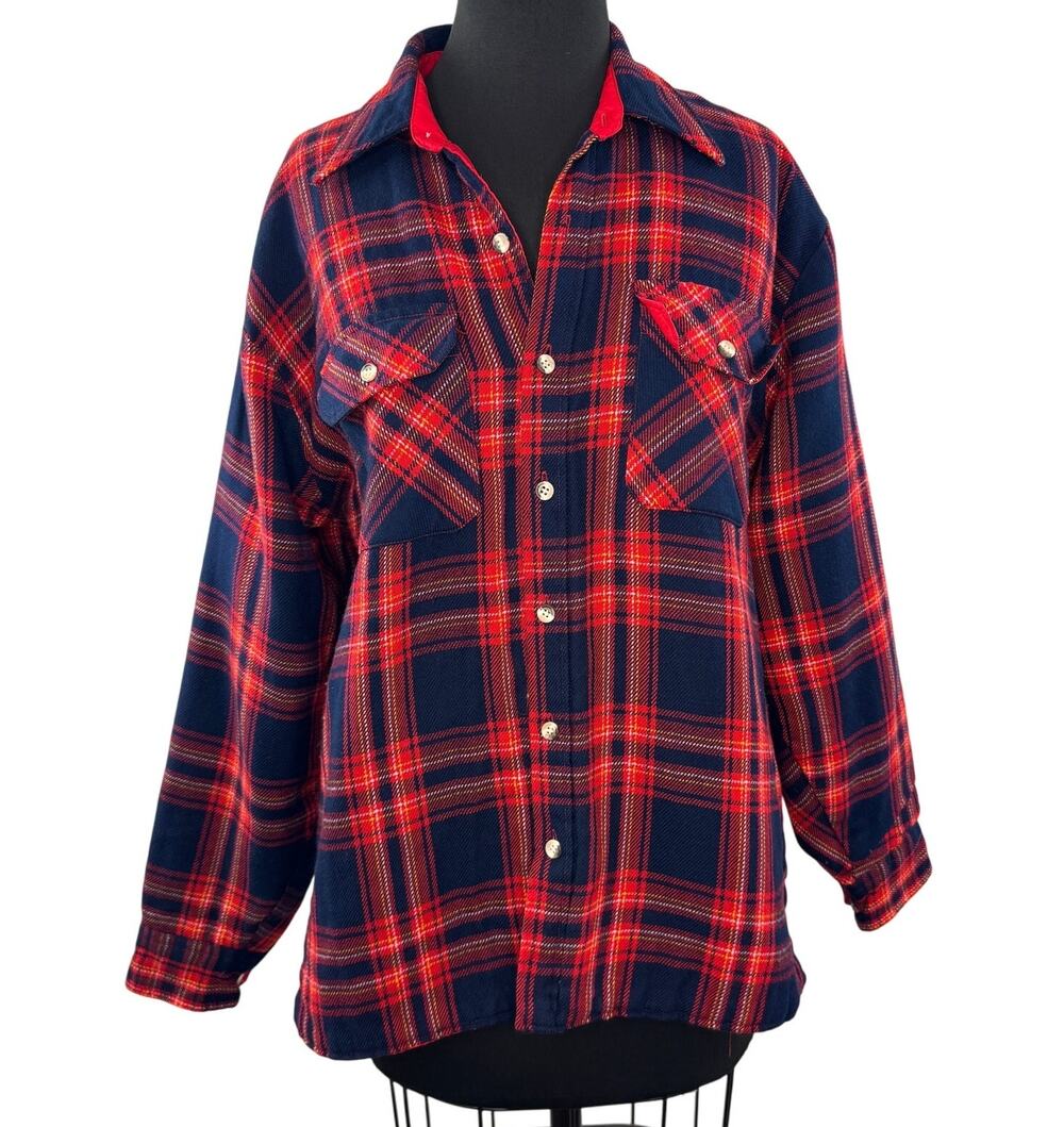 VTG Woodland Red Navy Flannel Jacket Plaid Collared Lumberjack Button-Up Sz L
